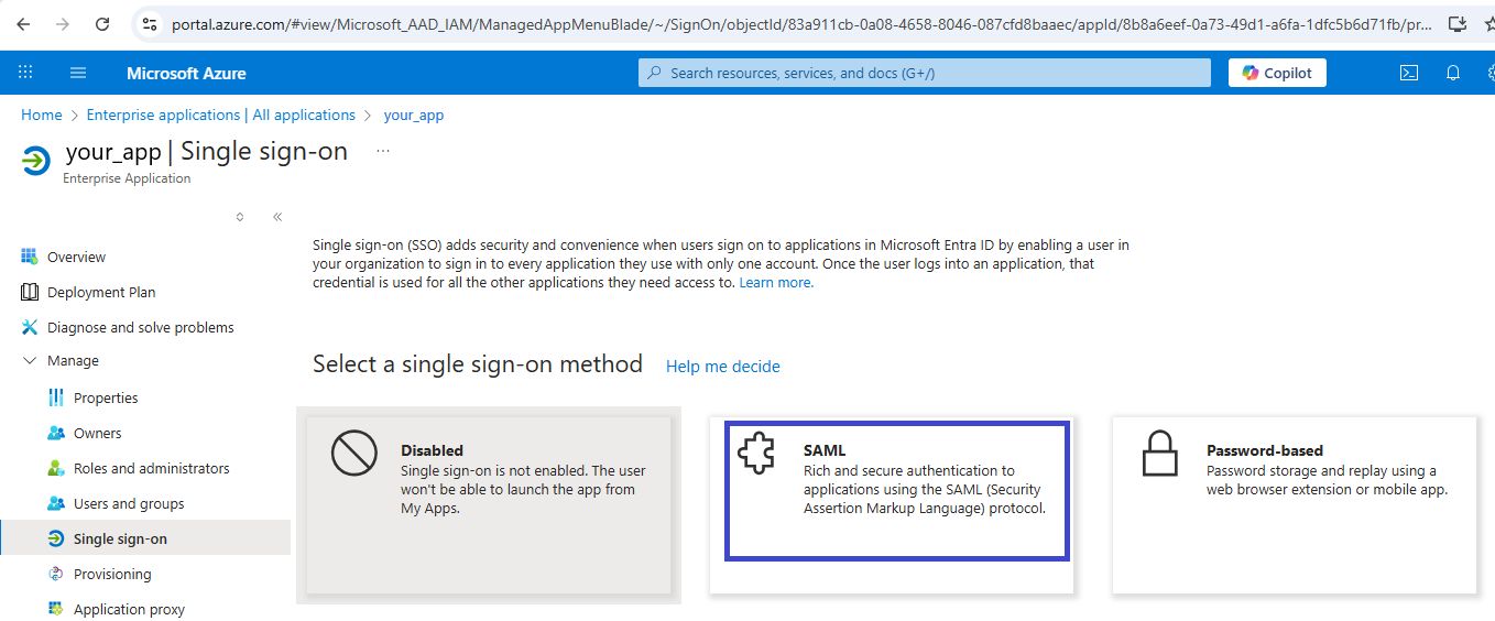 The Select a single sign-on method page, with the SAML option highlighted