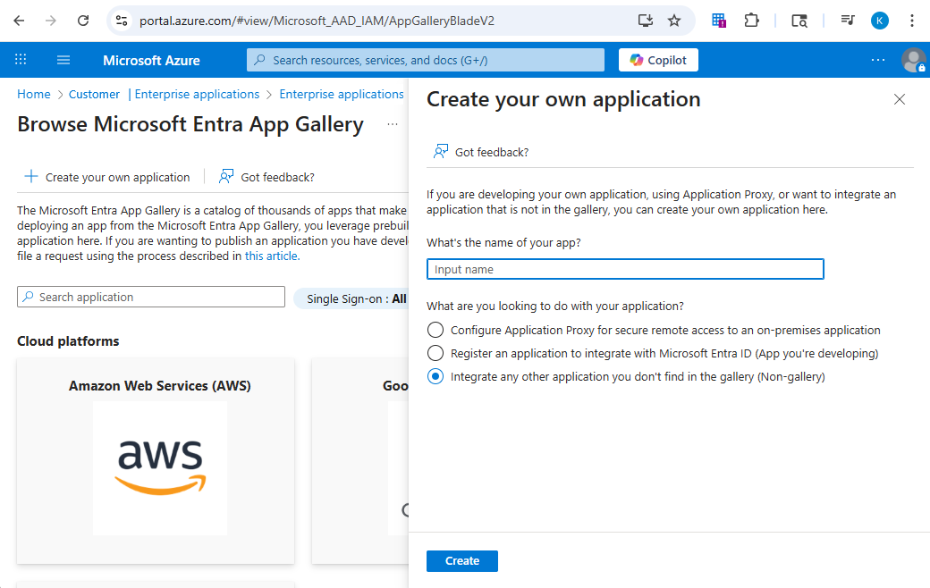 The Create your own application panel, with the name field empty and the Non-gallery option selected