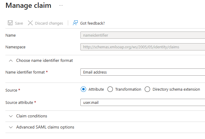 The Manage claim page, with Name identifier format set to Email address, Source set to Attribute and Source attribute set to user.mail