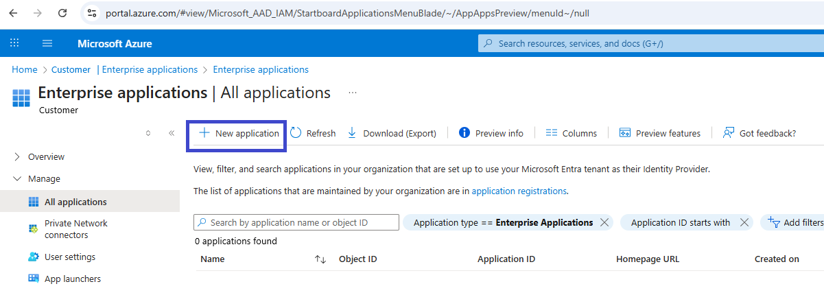 The Enterprise applications page in Microsoft Entra, with the New application button highlighted