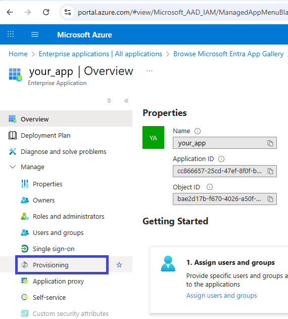 The application's Overview page, with Provisioning highlighted in the left menu