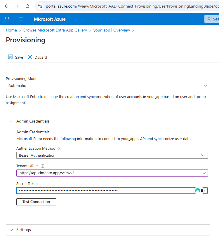 The Provisioning page with Provisioning Mode set to Automatic and the Admin Credentials section expanded, showing Bearer Authentication, the Tenant URL, a masked Secret Token and the Test Connection button