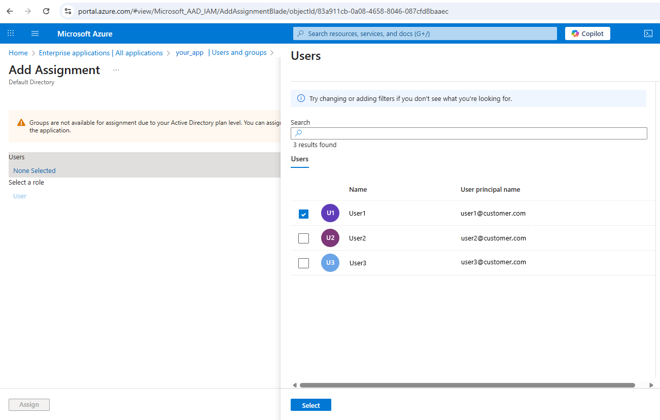 The Add Assignment page with the Users panel open and one user checked