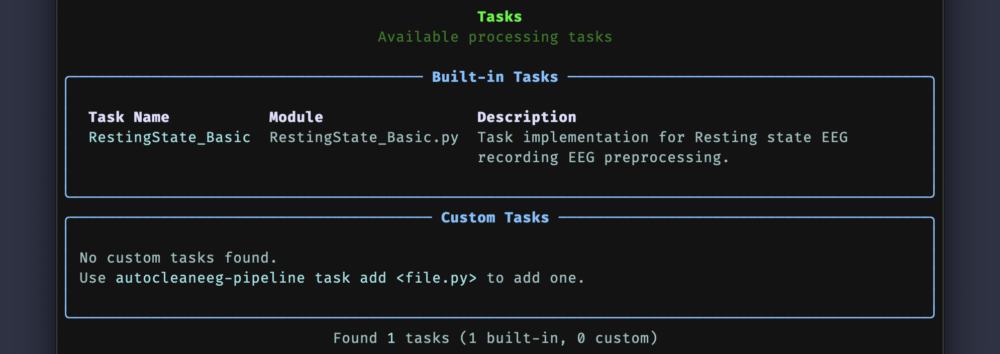 AutocleanEEG task list showing built-in and custom tasks