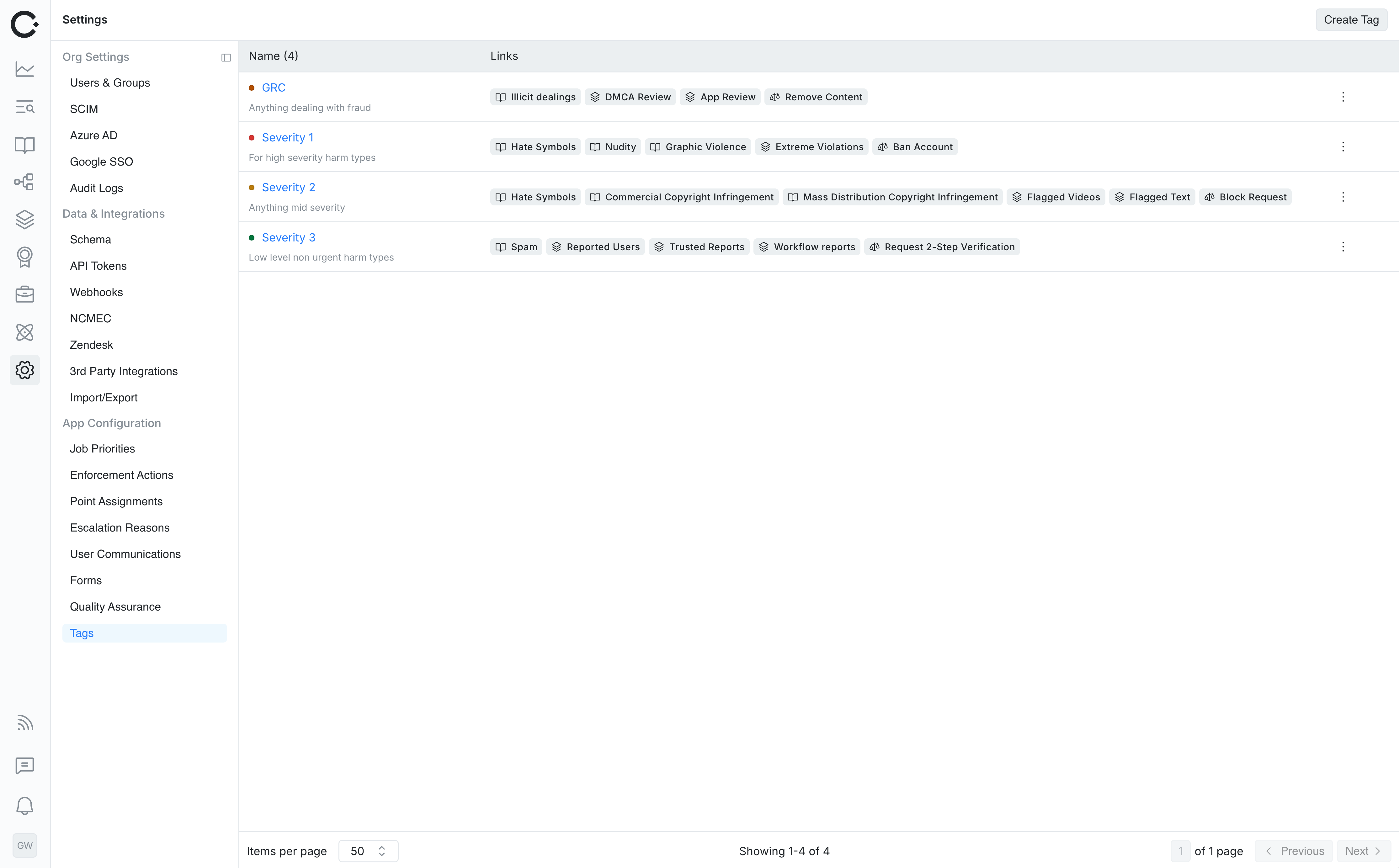 Tags management page showing all available tags with their colors, names, and descriptions