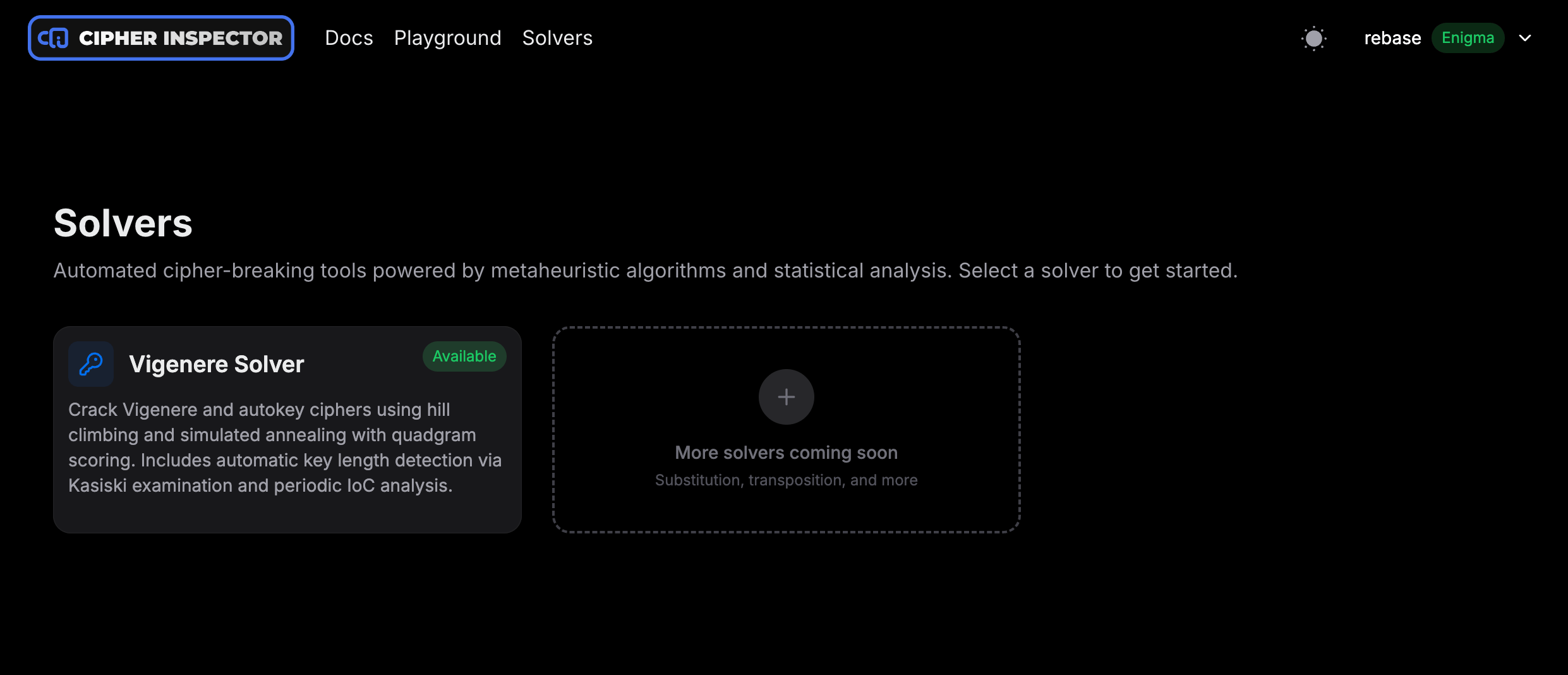 Solvers tab with Vigenere solver