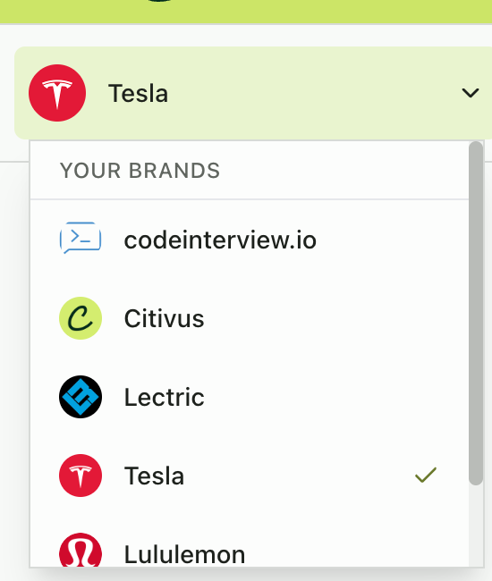 Brand selector dropdown in the sidebar listing workspace brands with a checkmark on the active brand