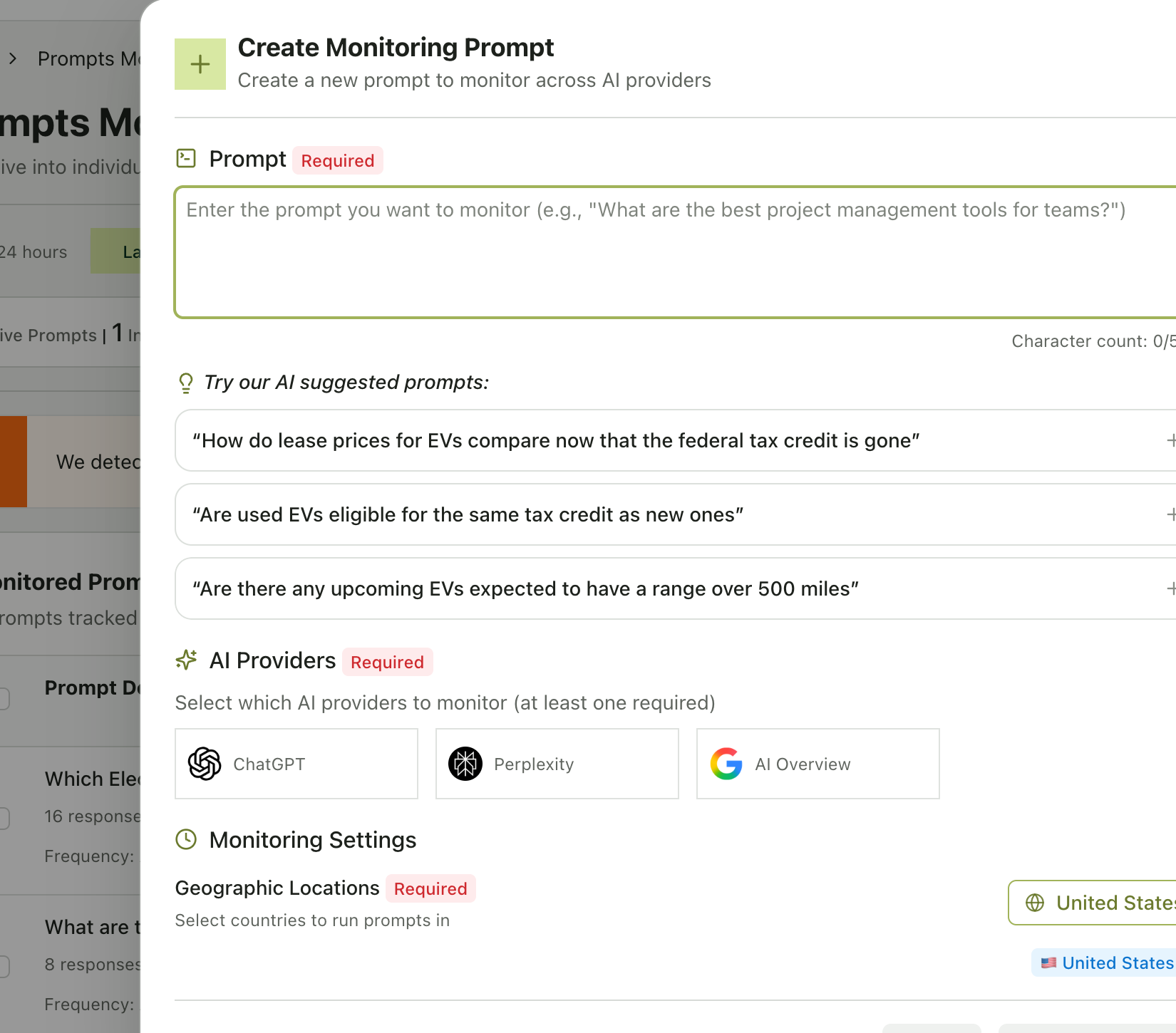 Create Monitoring Prompt dialog showing prompt input, AI suggested prompts, provider checkboxes for ChatGPT, Perplexity, and AI Overview, and geographic location selector