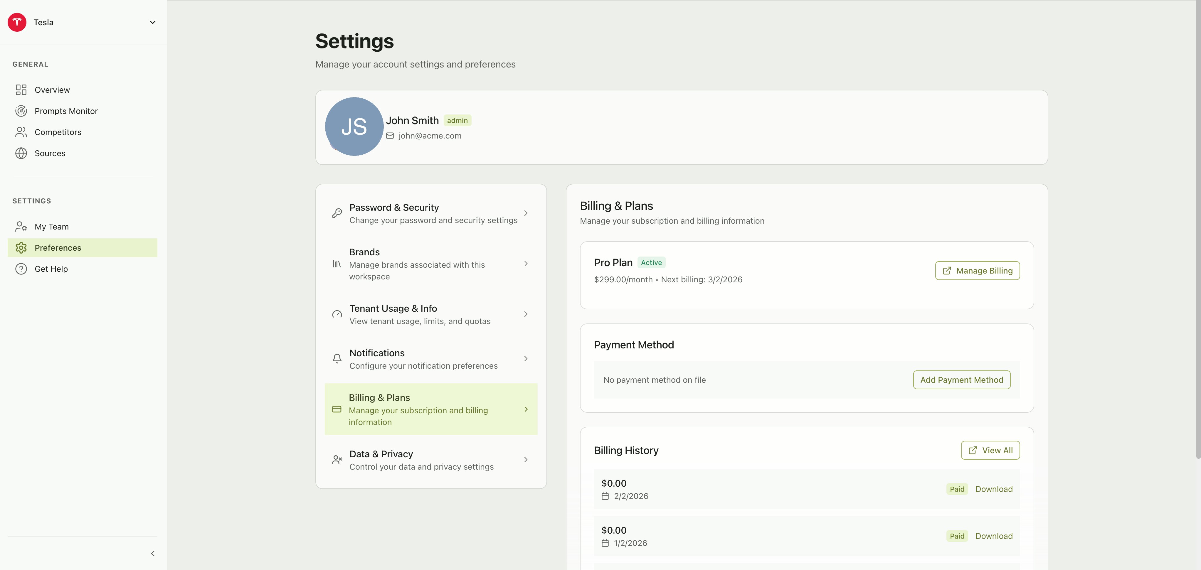 Billing & Plans section showing the active Pro Plan subscription with pricing and next billing date, payment method card, and billing history with download links