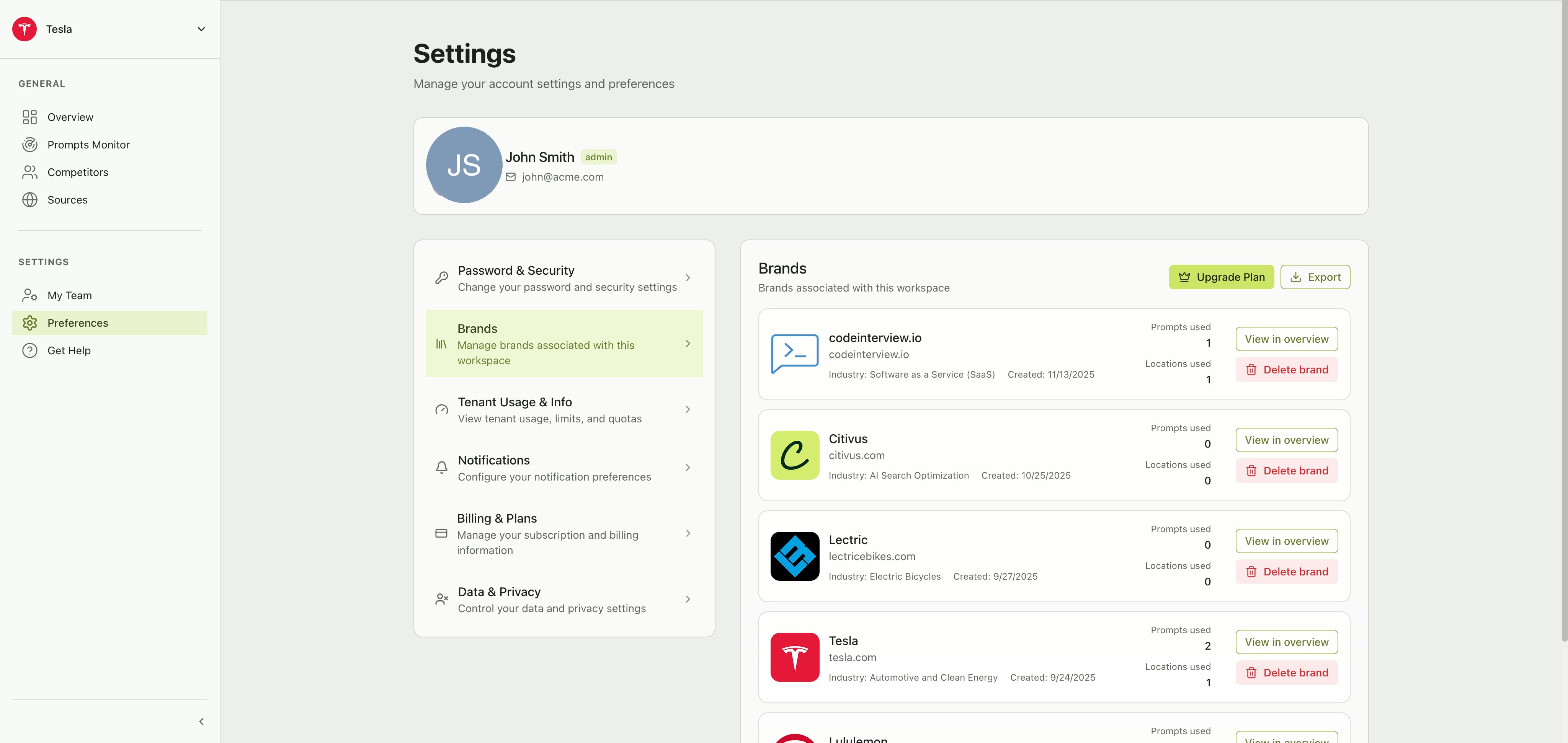 Brands settings section showing brand cards for each workspace brand with prompts used, locations used, view and delete actions