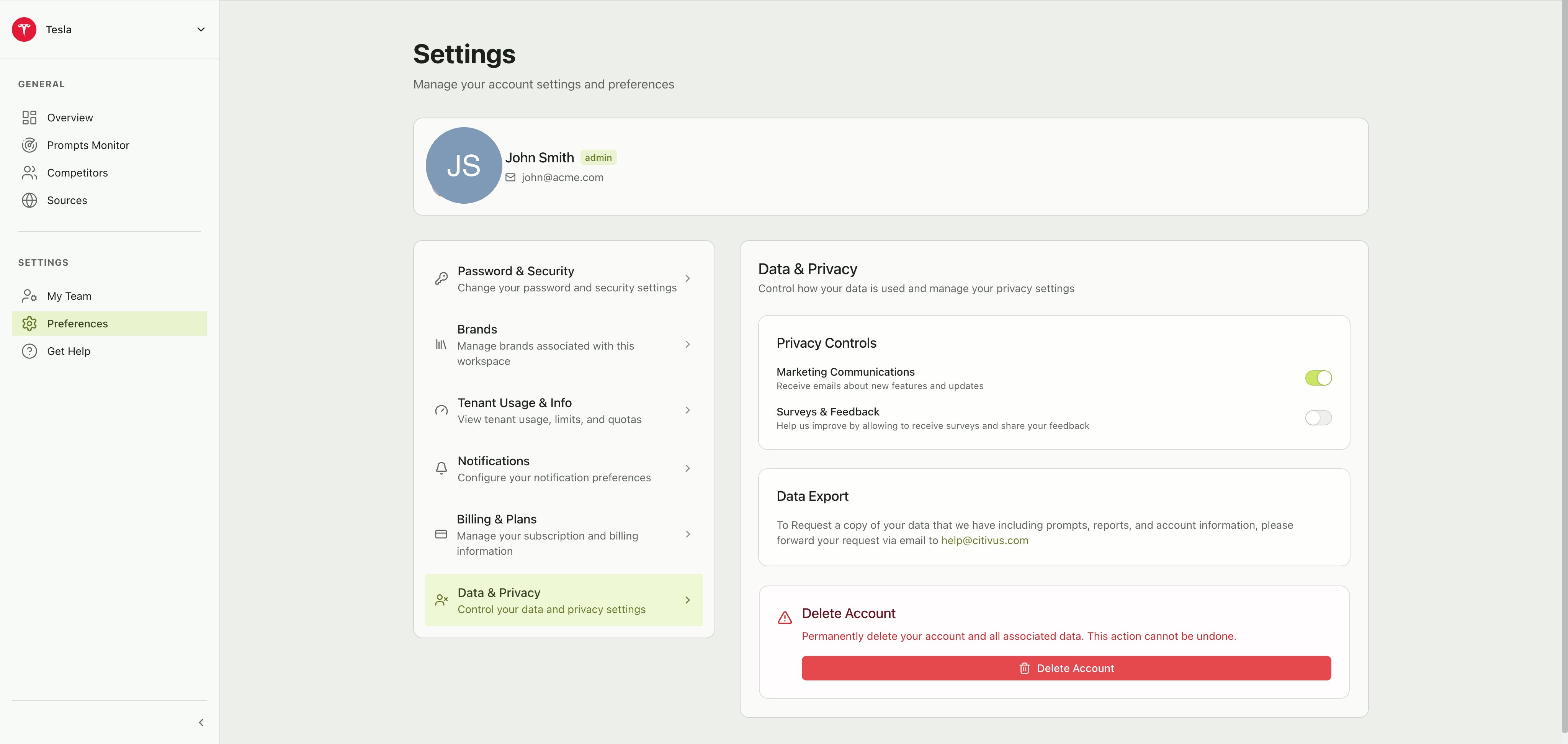 Data & Privacy section showing privacy toggles for Marketing Communications and Surveys, data export instructions, and a Delete Account button