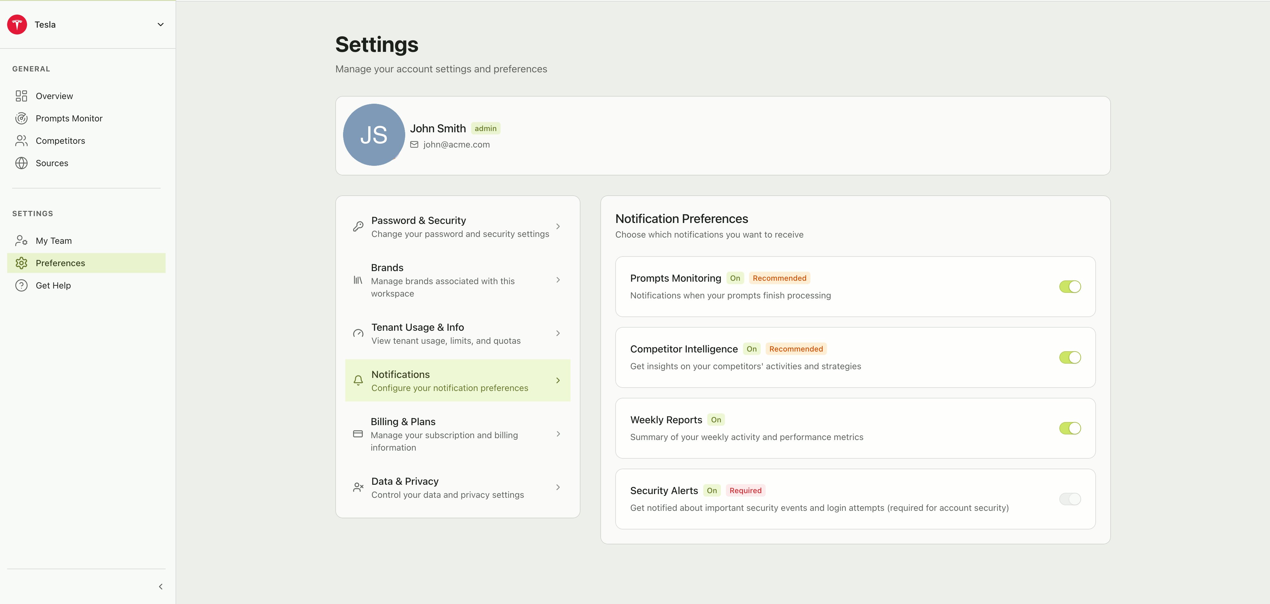 Notification Preferences panel showing toggle switches for Prompts Monitoring, Competitor Intelligence, Weekly Reports, and Security Alerts