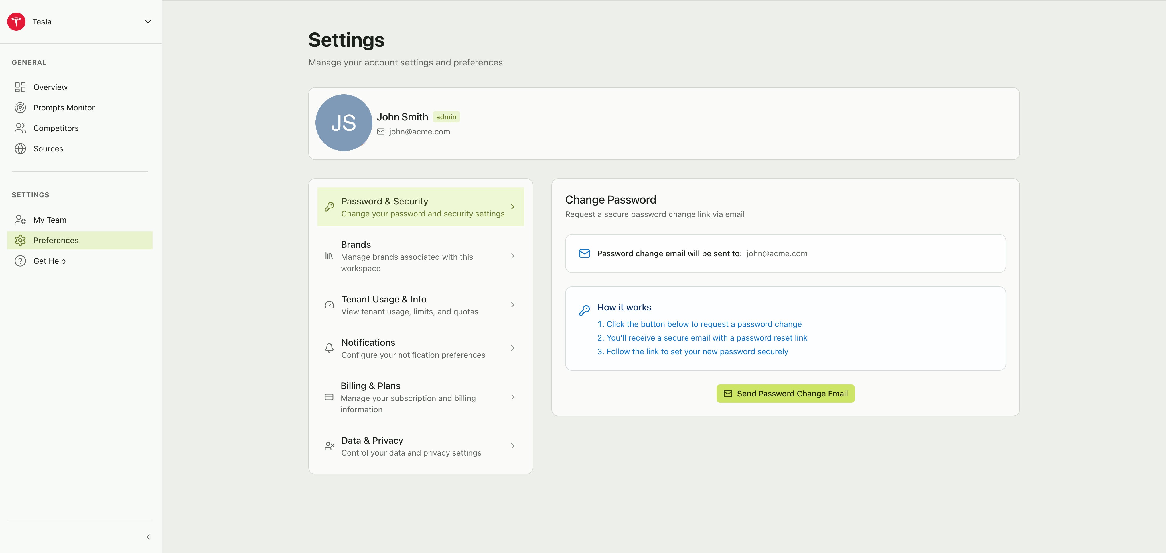 Settings page showing the user profile card, section navigation on the left, and the Password & Security panel on the right