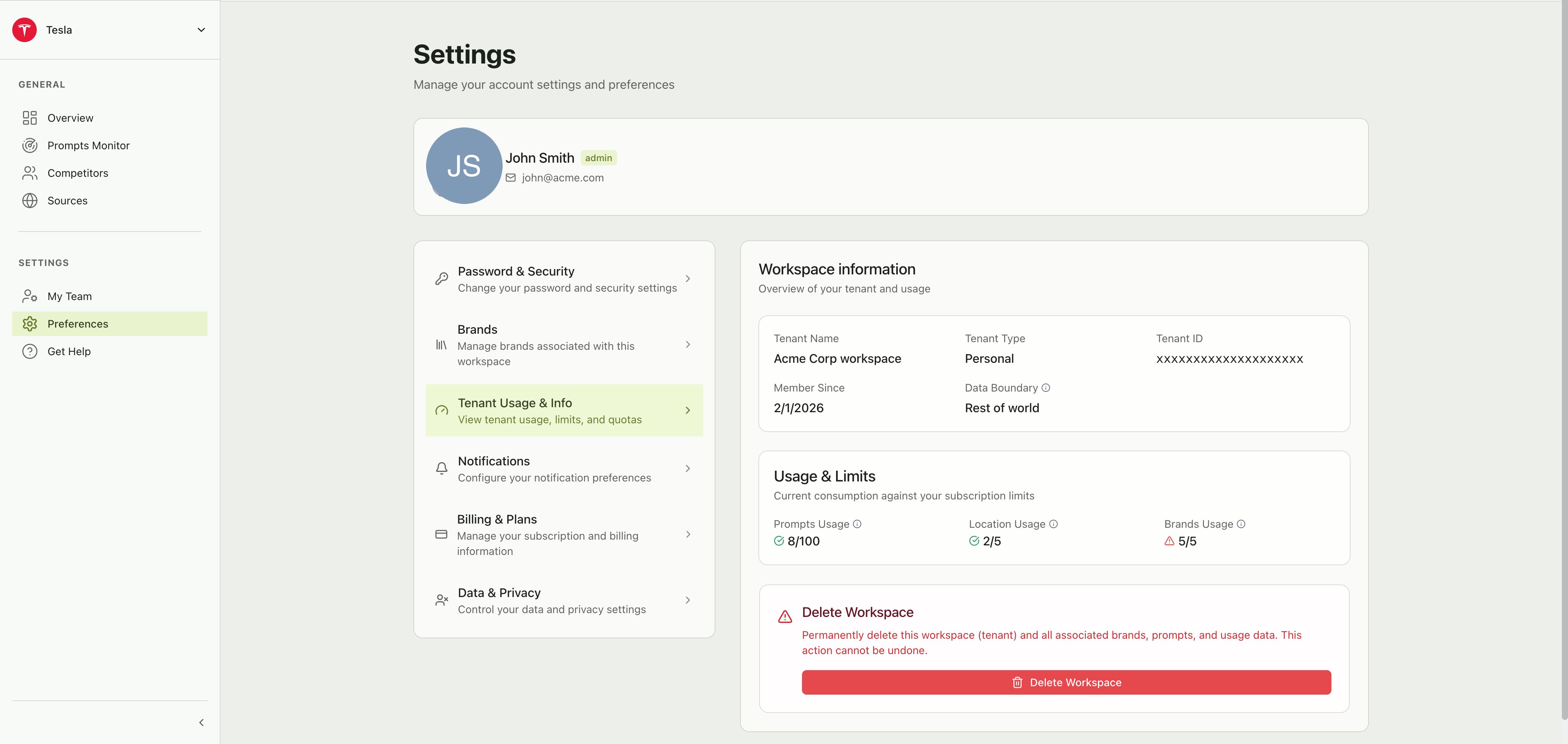 Tenant Usage & Info section showing workspace details (tenant name, type, ID, member since, data boundary) and usage bars for prompts, locations, and brands