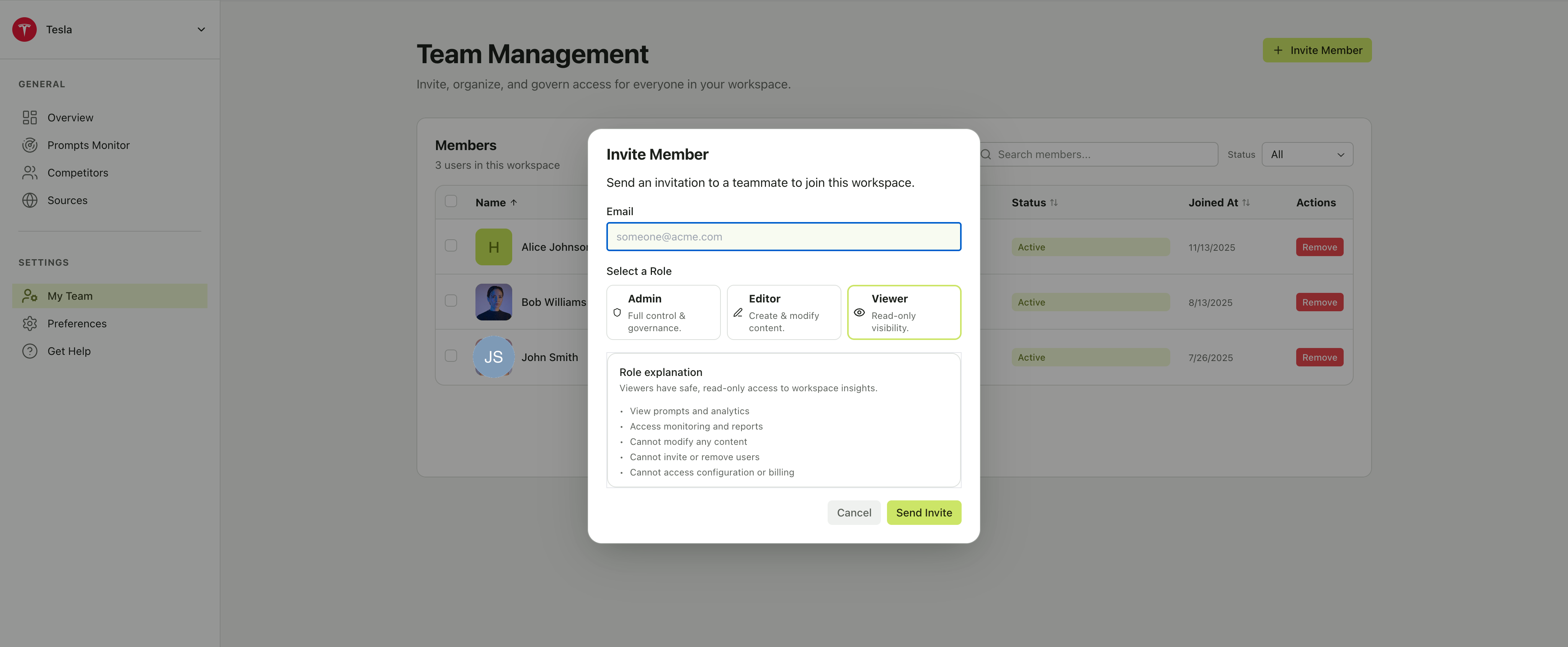 Invite Member modal showing an email input field, three role options (Admin, Editor, Viewer), role explanation panel, and Send Invite button