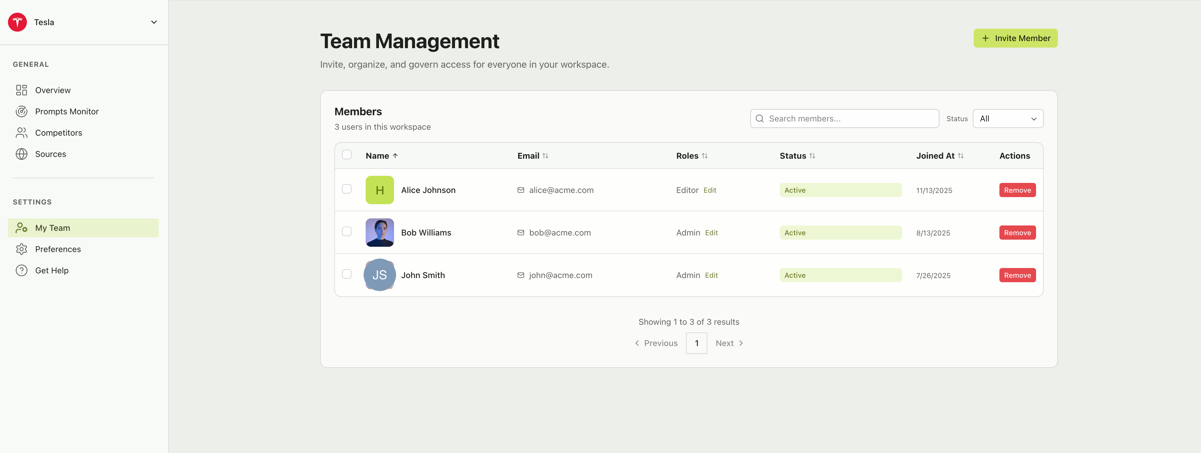 Team Management page with a members table listing name, email, role, status, joined date, and action buttons