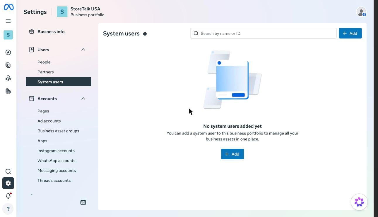 Meta Business Suite Settings, System users page with the Add button