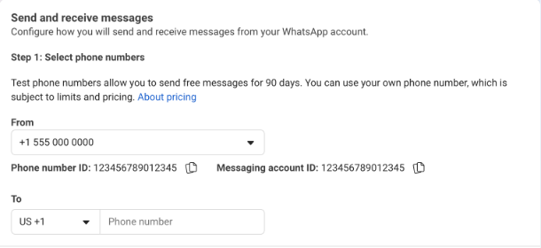 From dropdown with the Phone number ID and Messaging account ID shown underneath