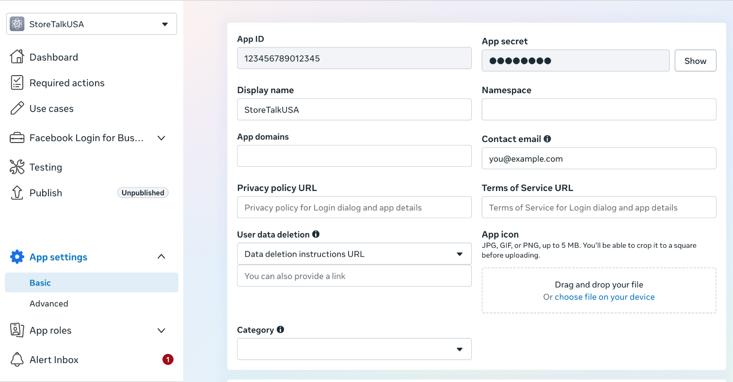 App settings Basic page showing App secret with a Show button and the Privacy policy URL field