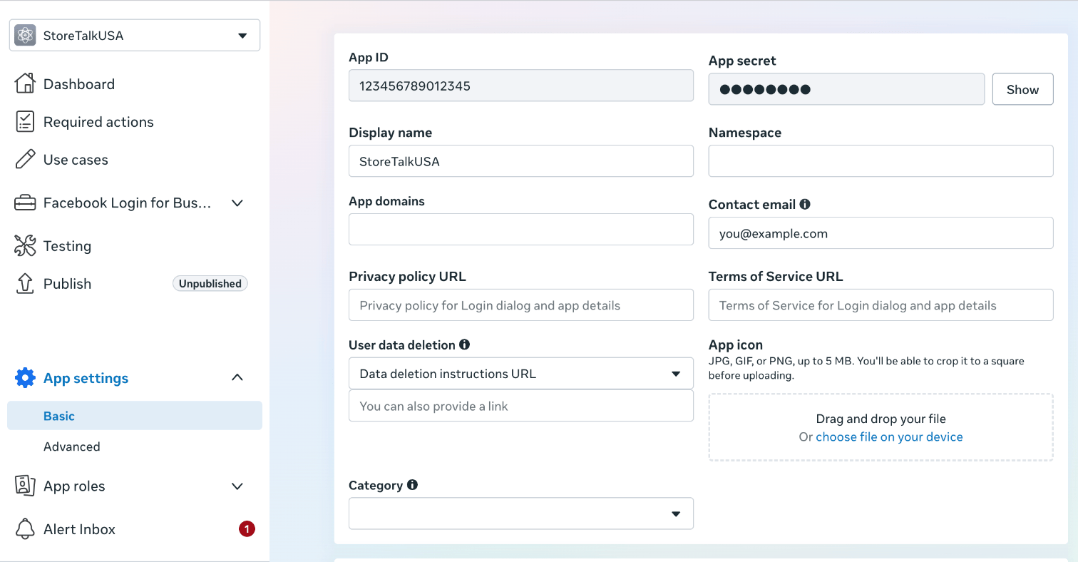 App settings Basic page showing App secret with a Show button and the Privacy policy URL field