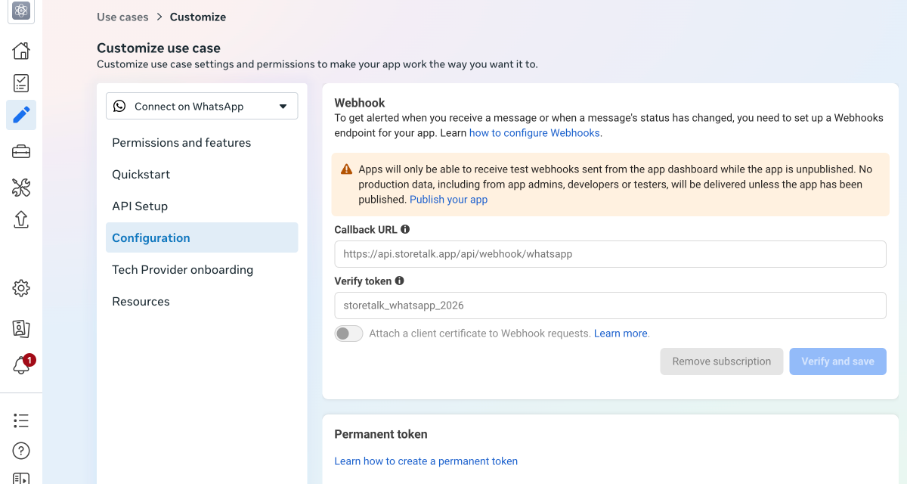 Configuration page with Callback URL and Verify token filled in