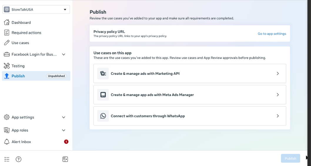Publish page showing the Privacy policy URL requirement and the Publish button