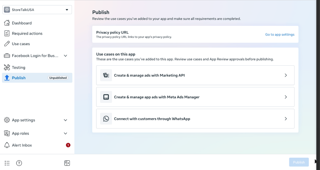 Publish page showing the Privacy policy URL requirement and the Publish button
