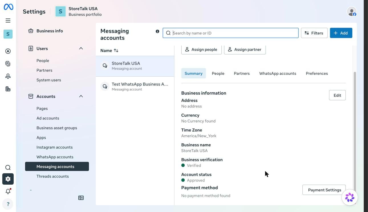 Messaging accounts page showing No payment method found and the Payment Settings button
