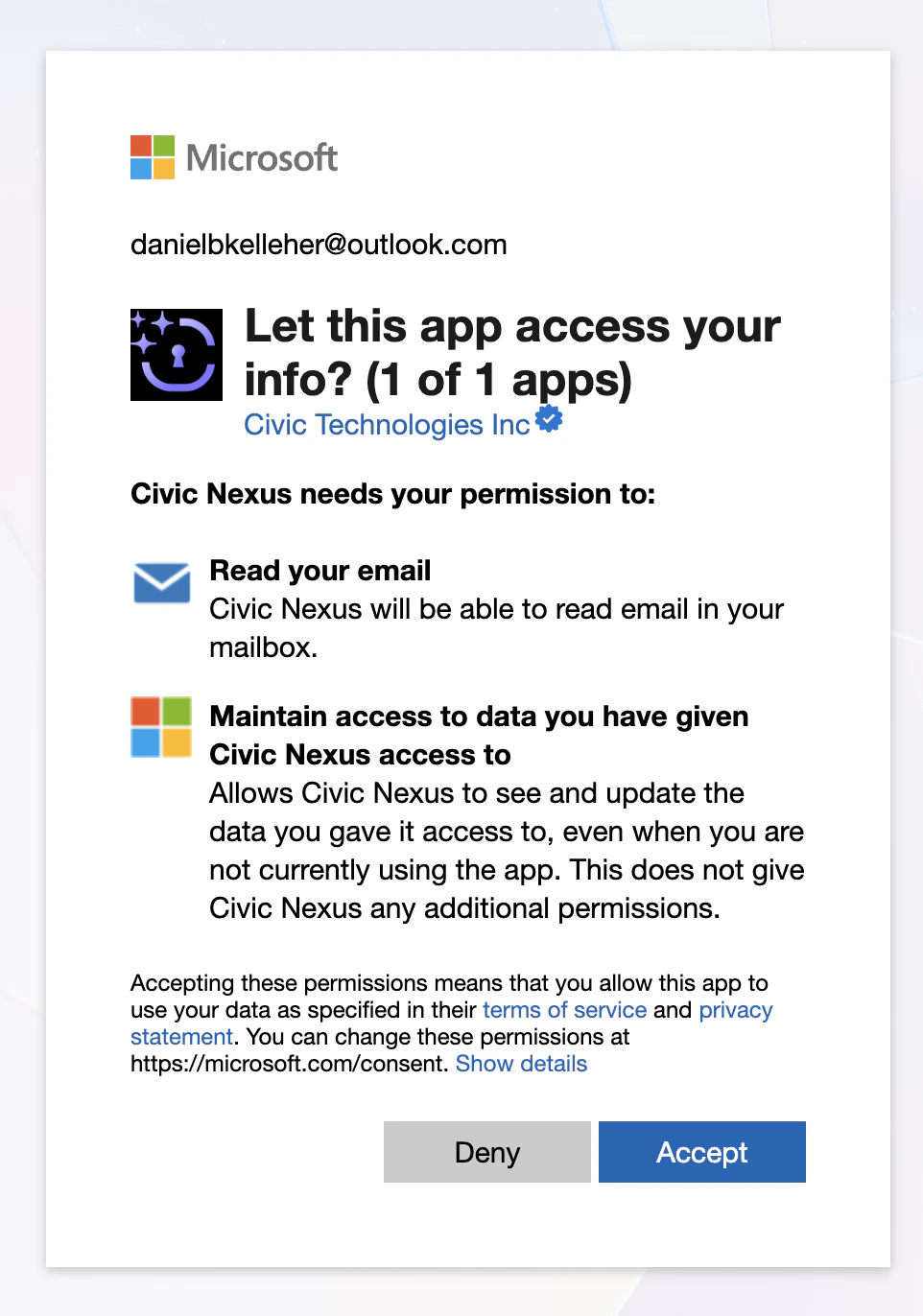 Personal Outlook OAuth Consent