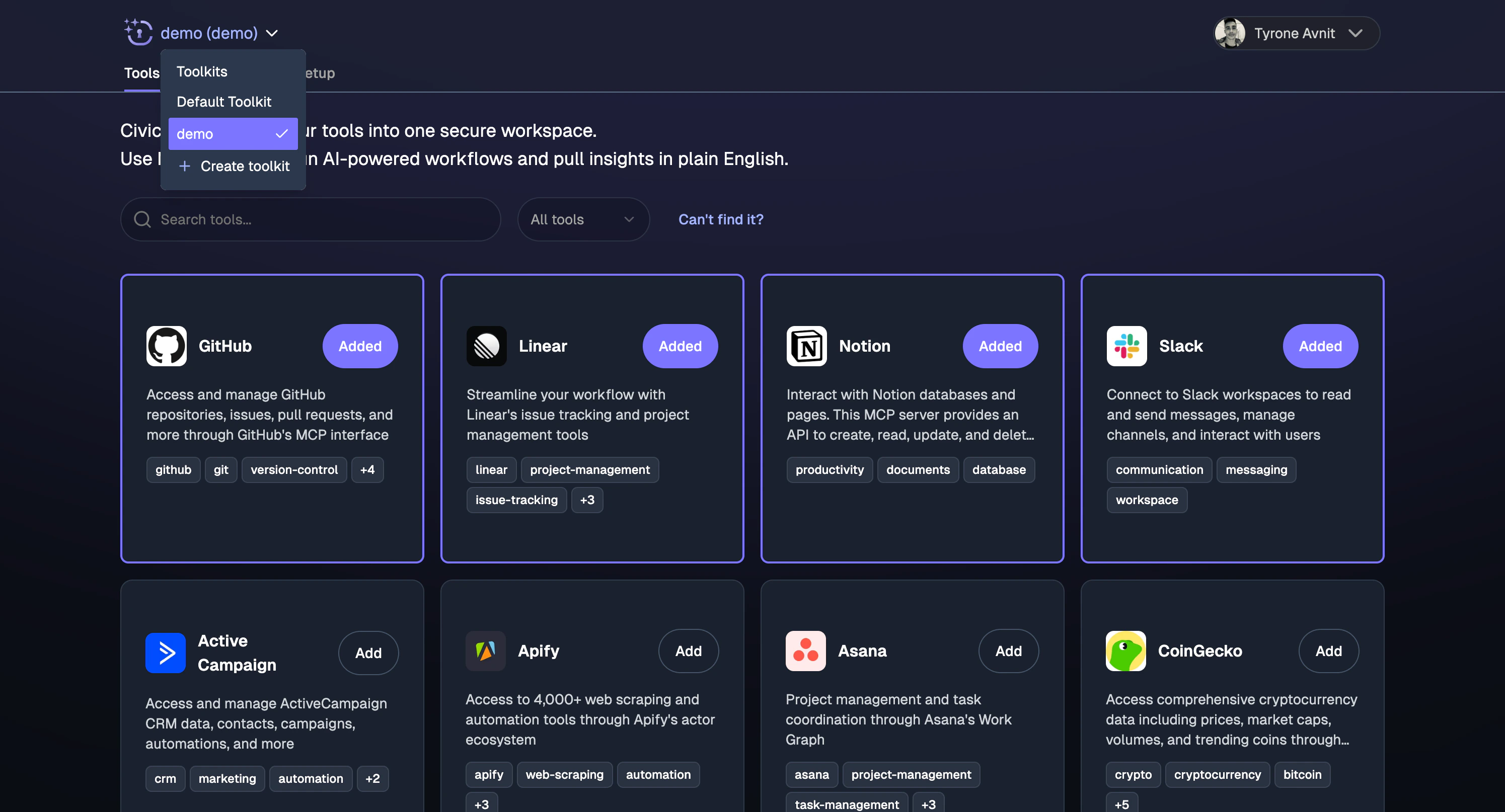 Civic interface showing the Create toolkit button in the navigation