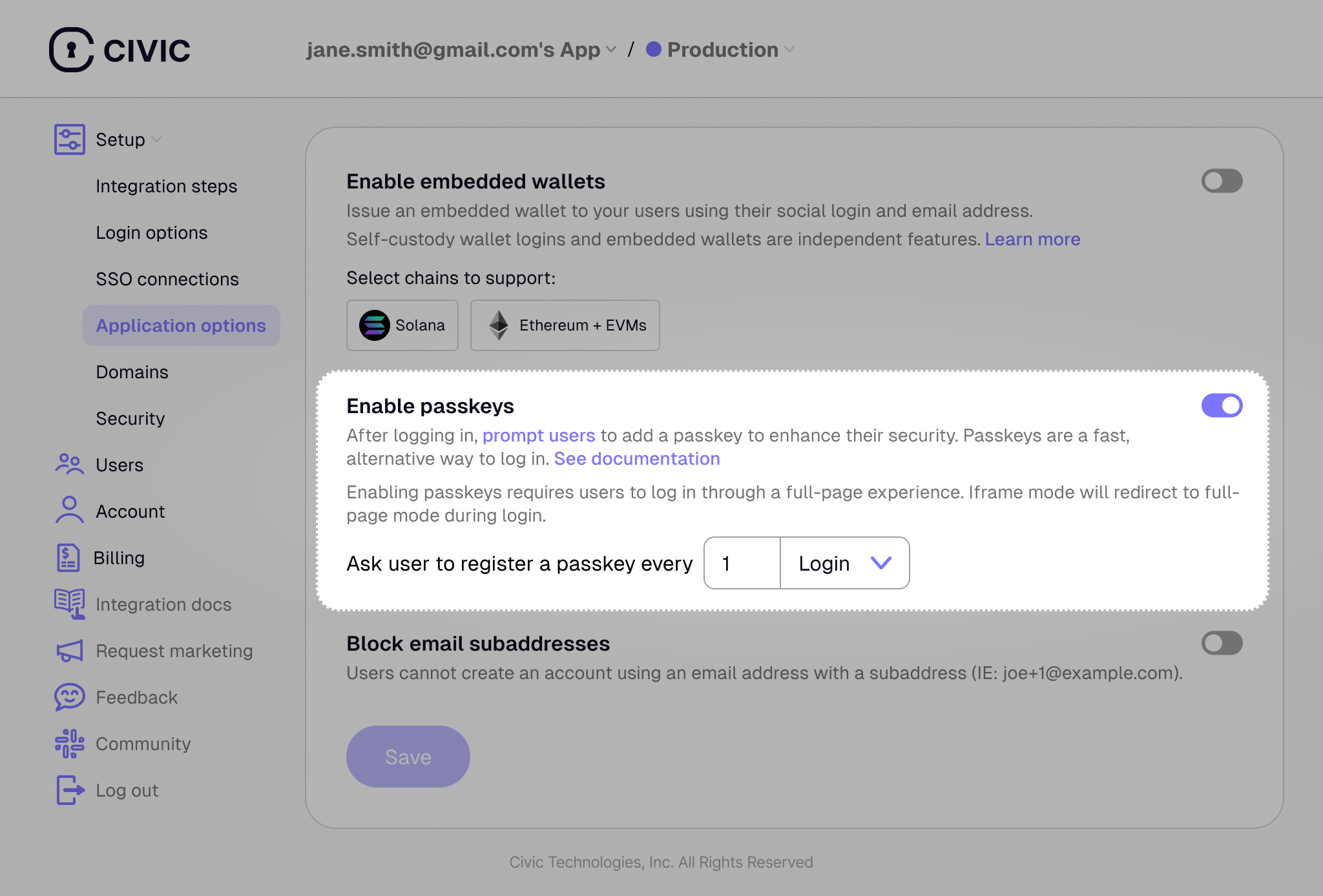 Passkey configuration options in the Civic Auth Dashboard Enable passkeys in dashboard