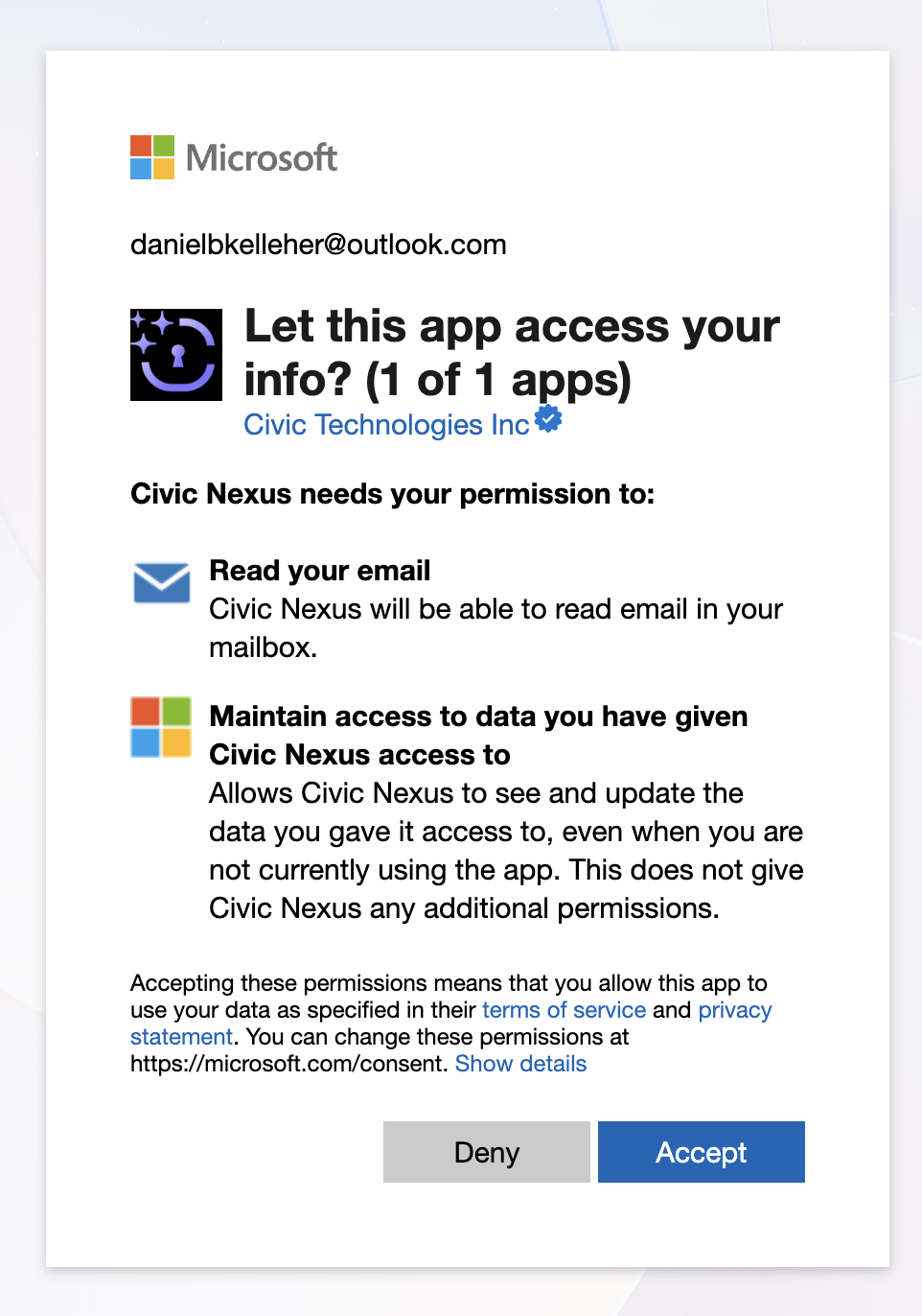 Personal Outlook OAuth Consent
