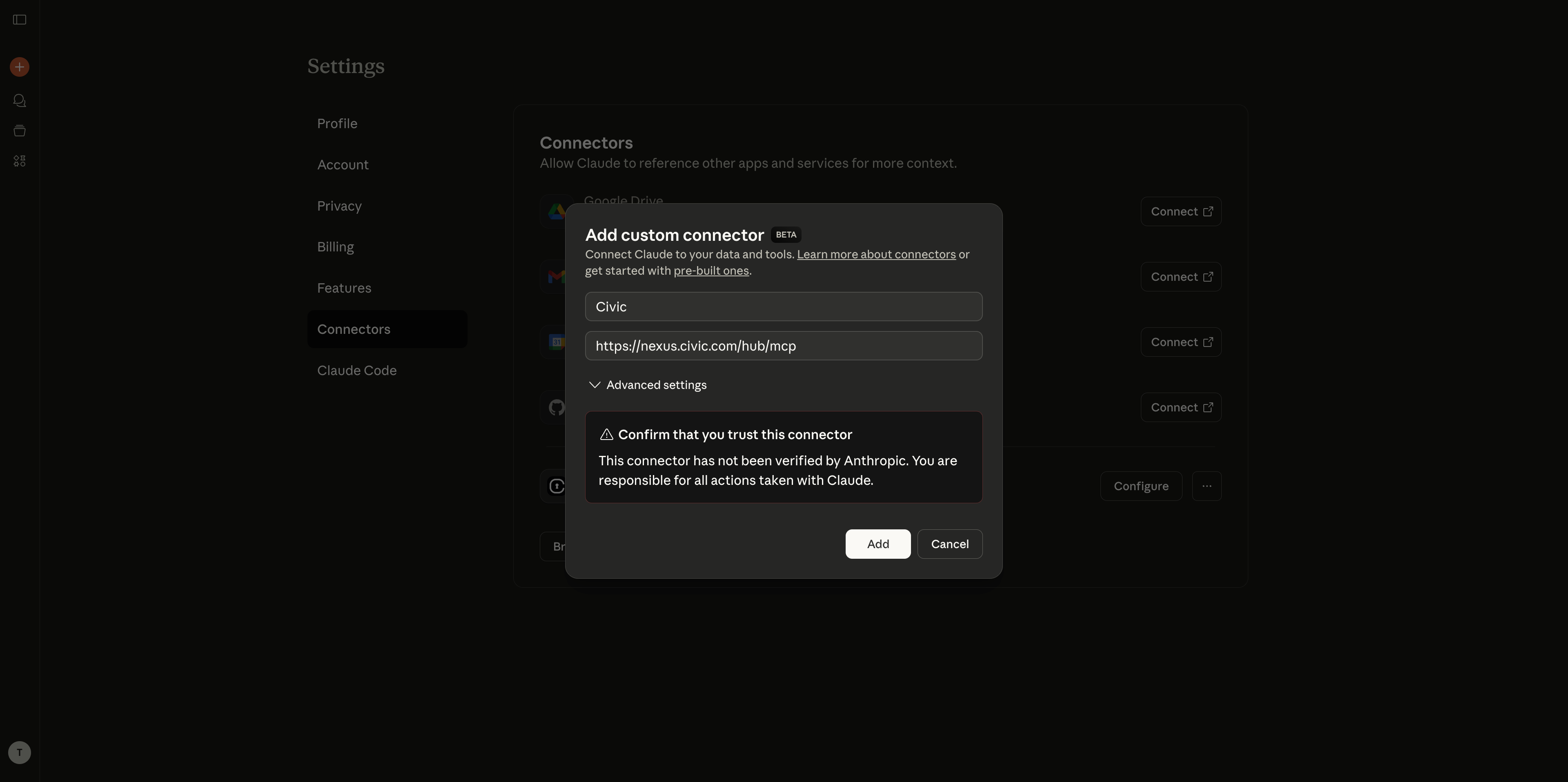 Claude.ai connector settings dialog