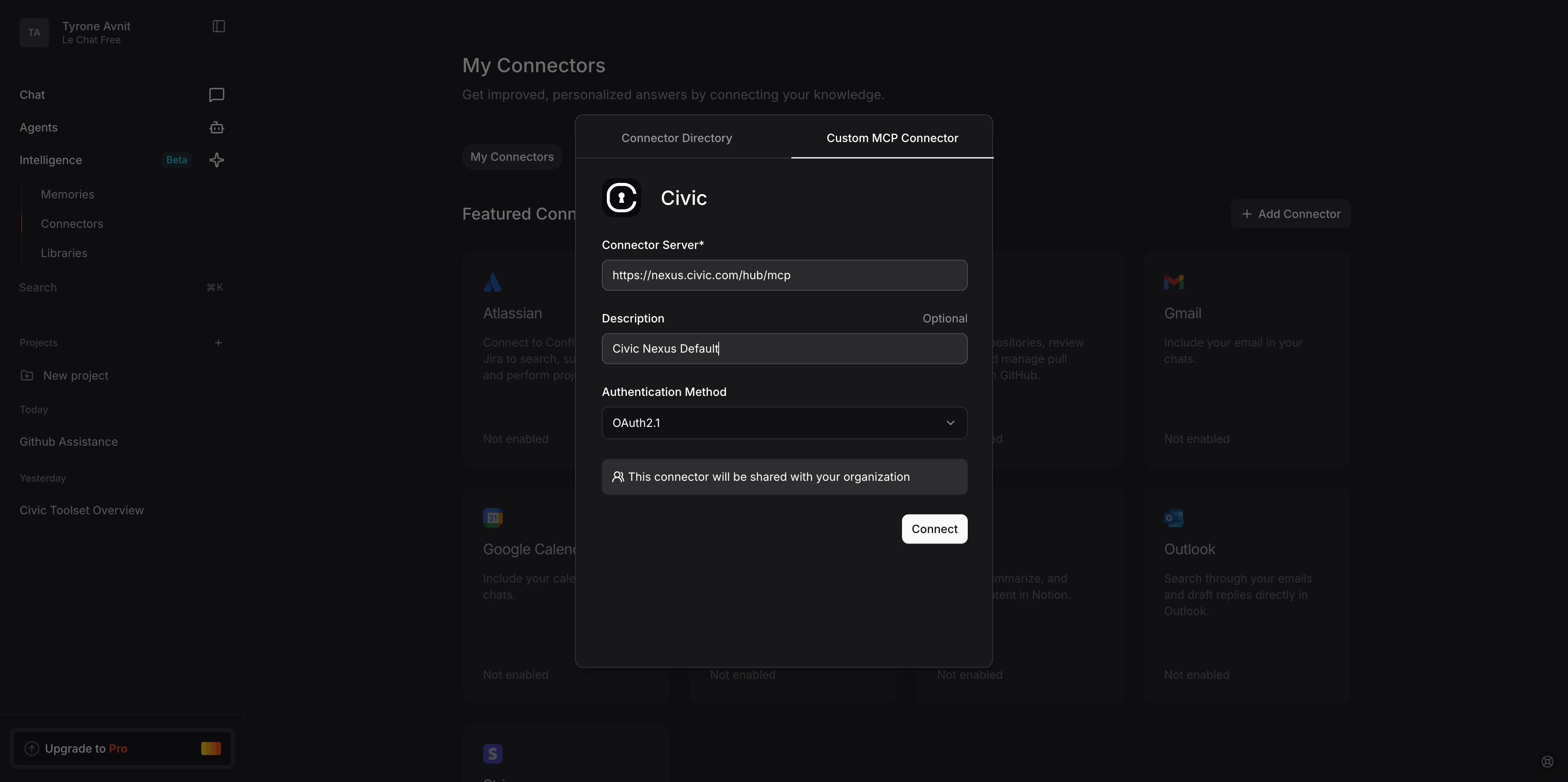 LeChat Custom MCP connector dialog