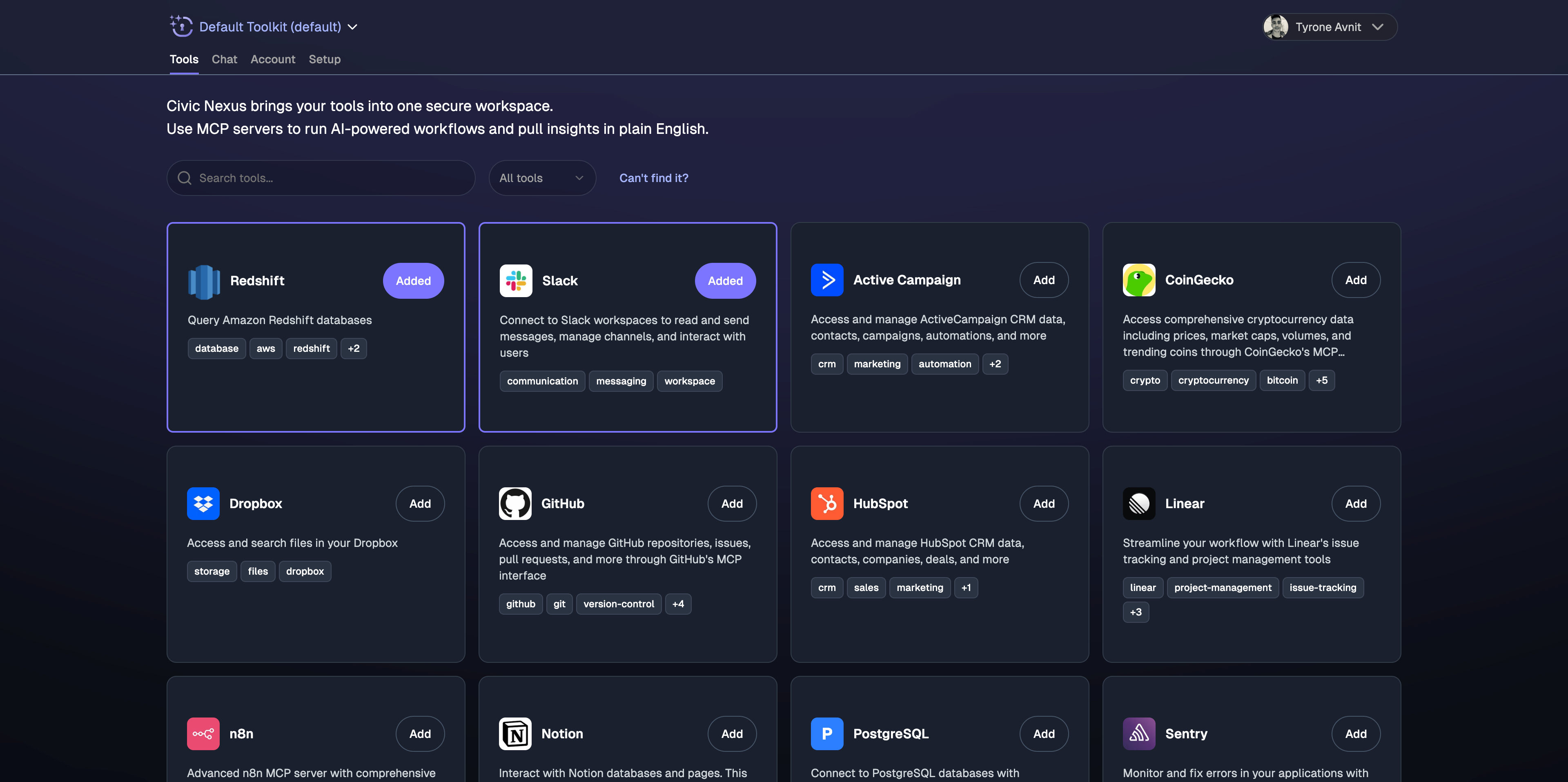 Nexus directory showing available tools