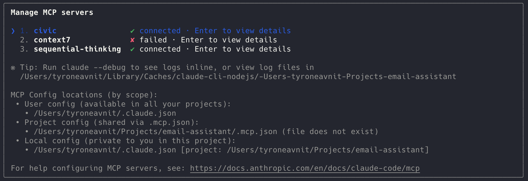 Claude CLI connected to the Civic MCP server