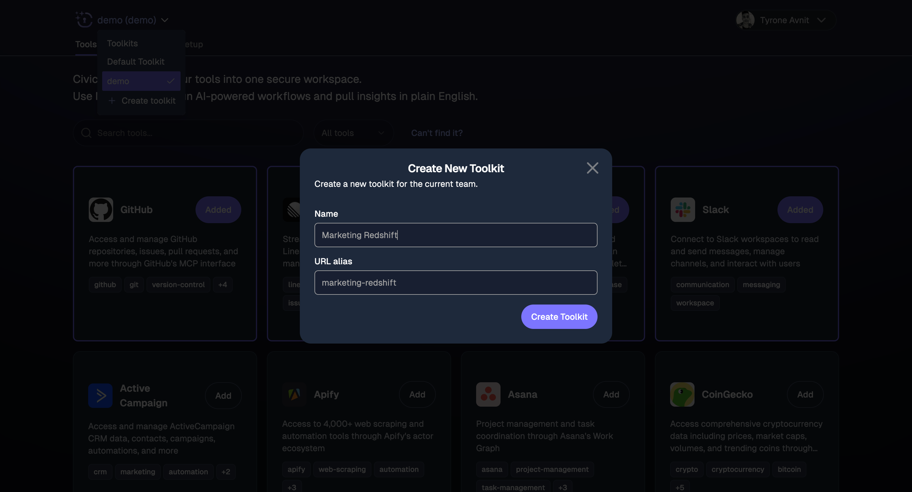 Create New Toolkit dialog showing name and URL alias fields