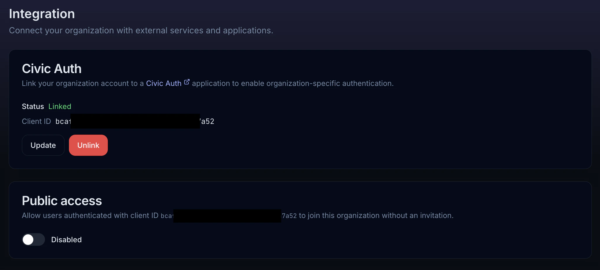 Civic Auth integration settings showing a linked Client ID and public access controls