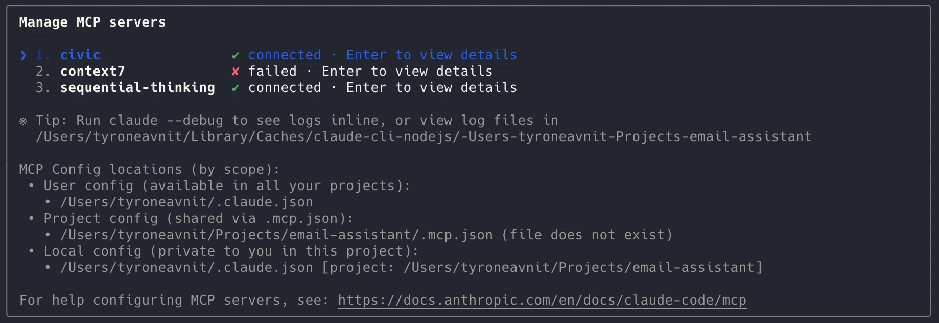 Claude CLI connected to the Civic MCP server