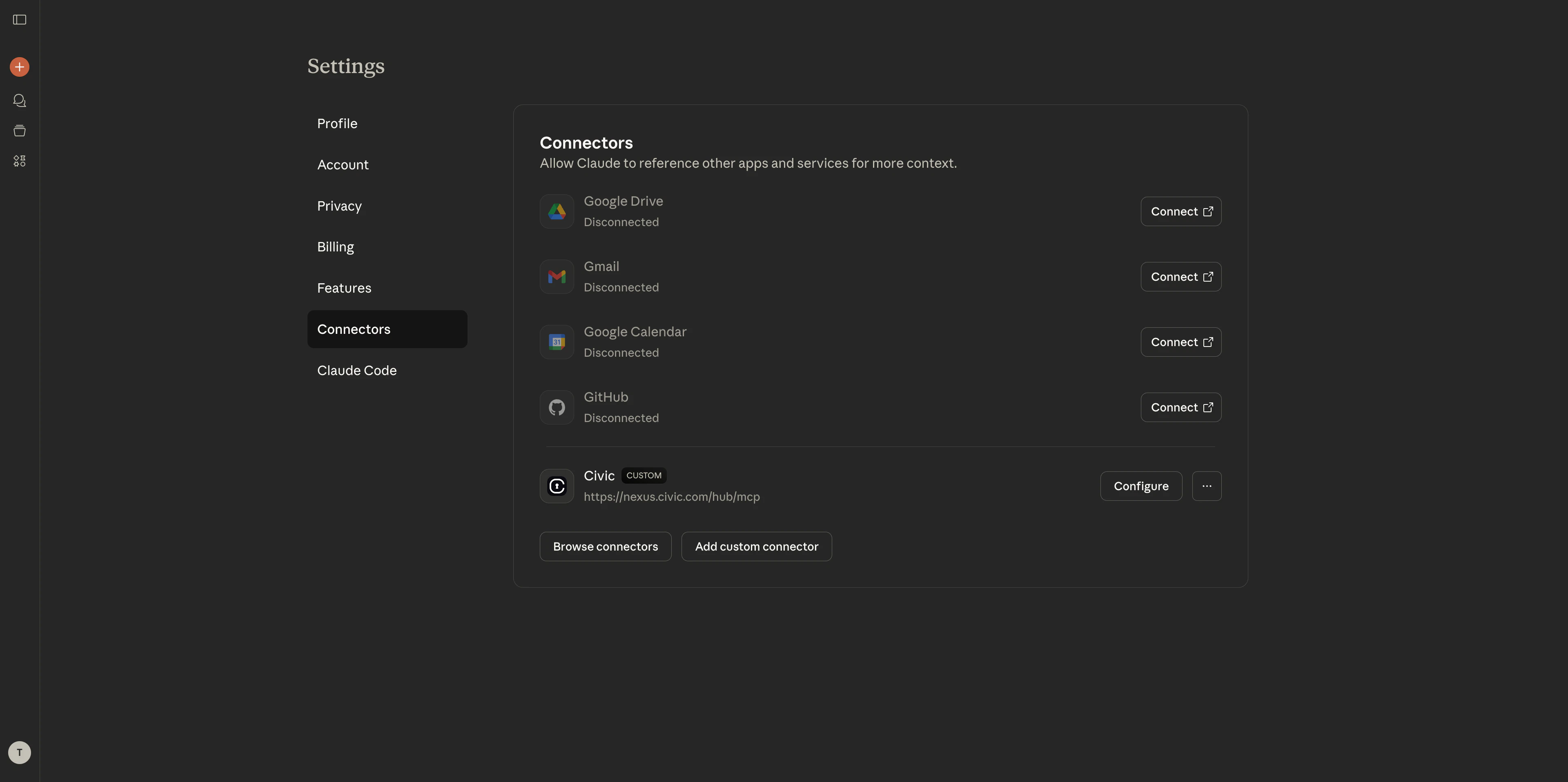 Claude.ai settings page with Connectors section highlighted