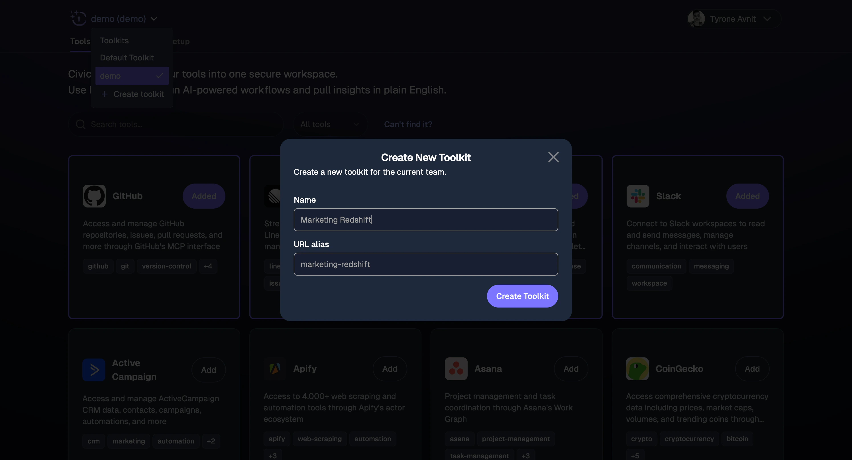 Create New Toolkit dialog showing name and URL alias fields