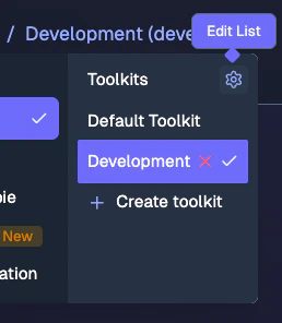 Nexus interface showing the Delete toolkit button in the navigation