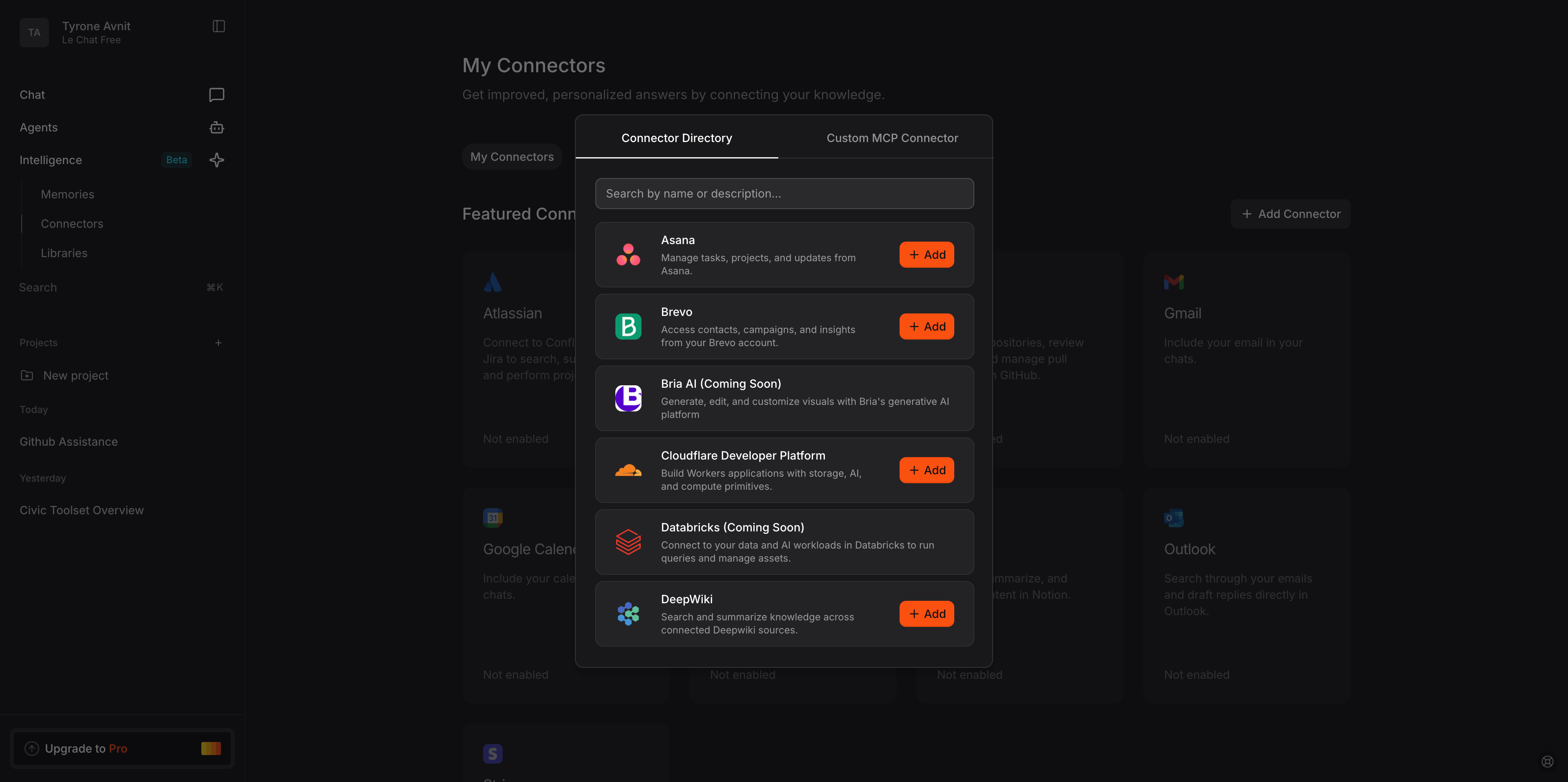 LeChat Connectors section in Intelligence settings
