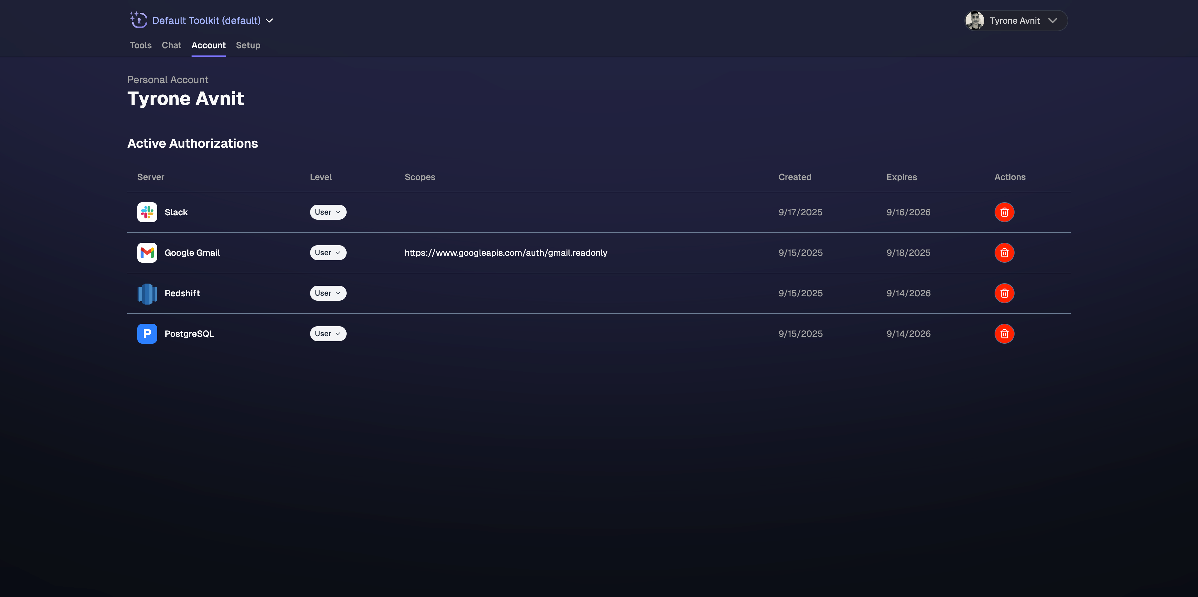 Dashboard showing connected apps with revoke access buttons