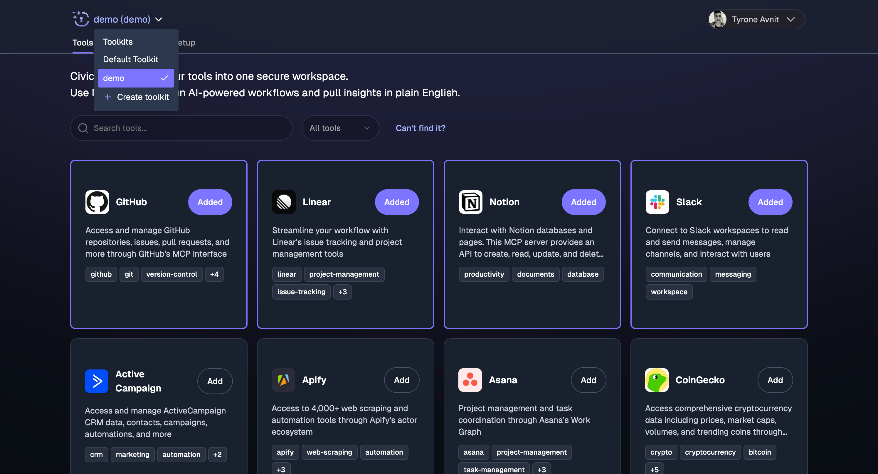 Nexus interface showing the Create toolkit button in the navigation