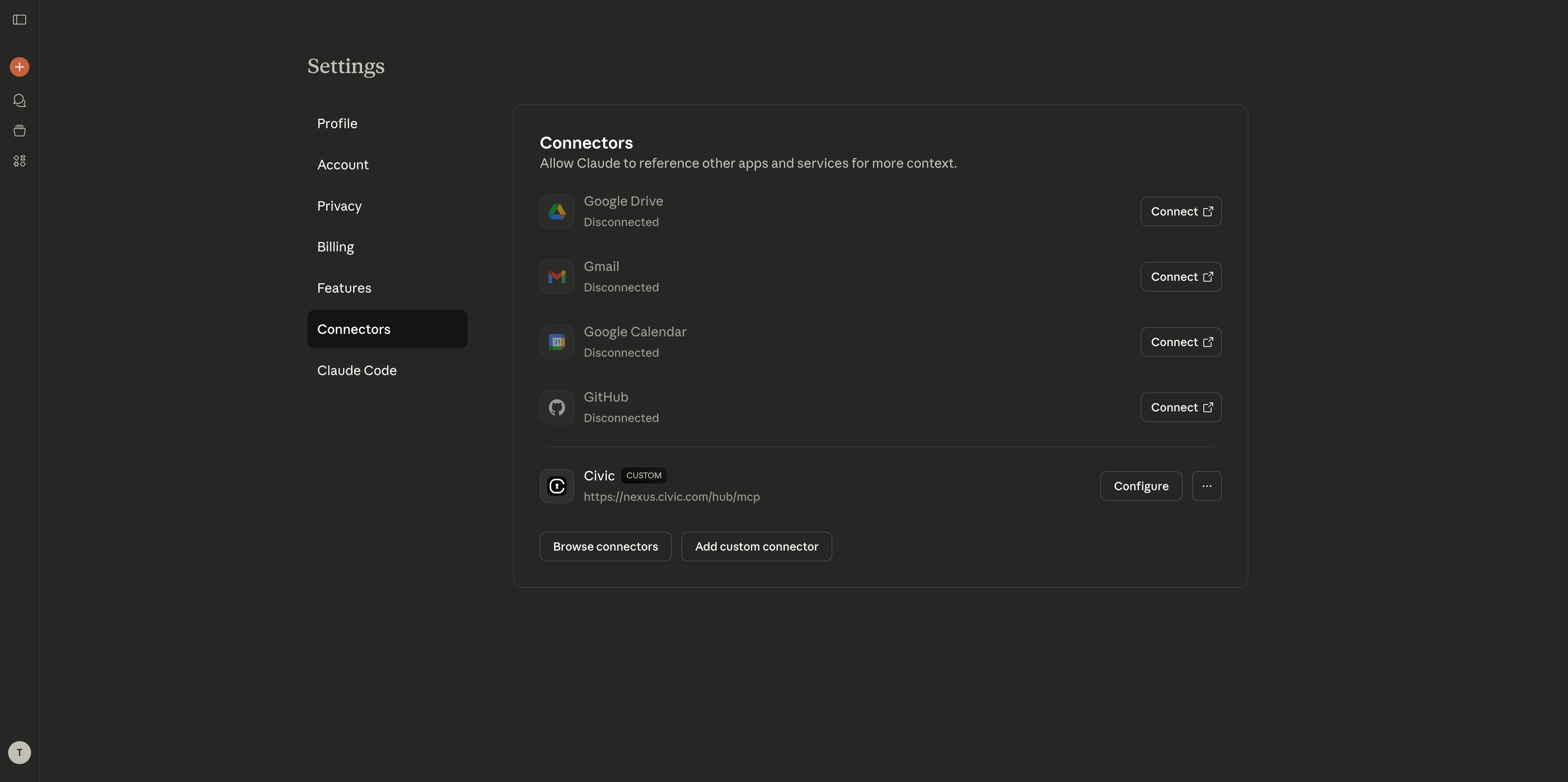 Claude Desktop settings page with Connectors section highlighted