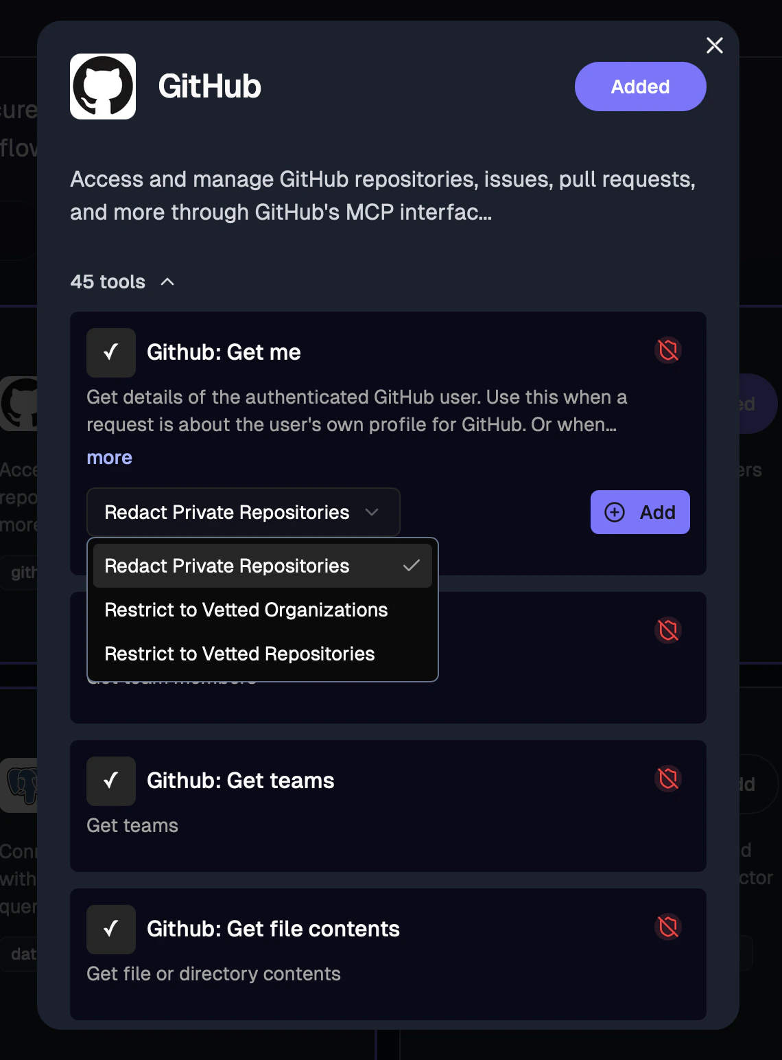 Civic UI showing guardrail options for GitHub tools