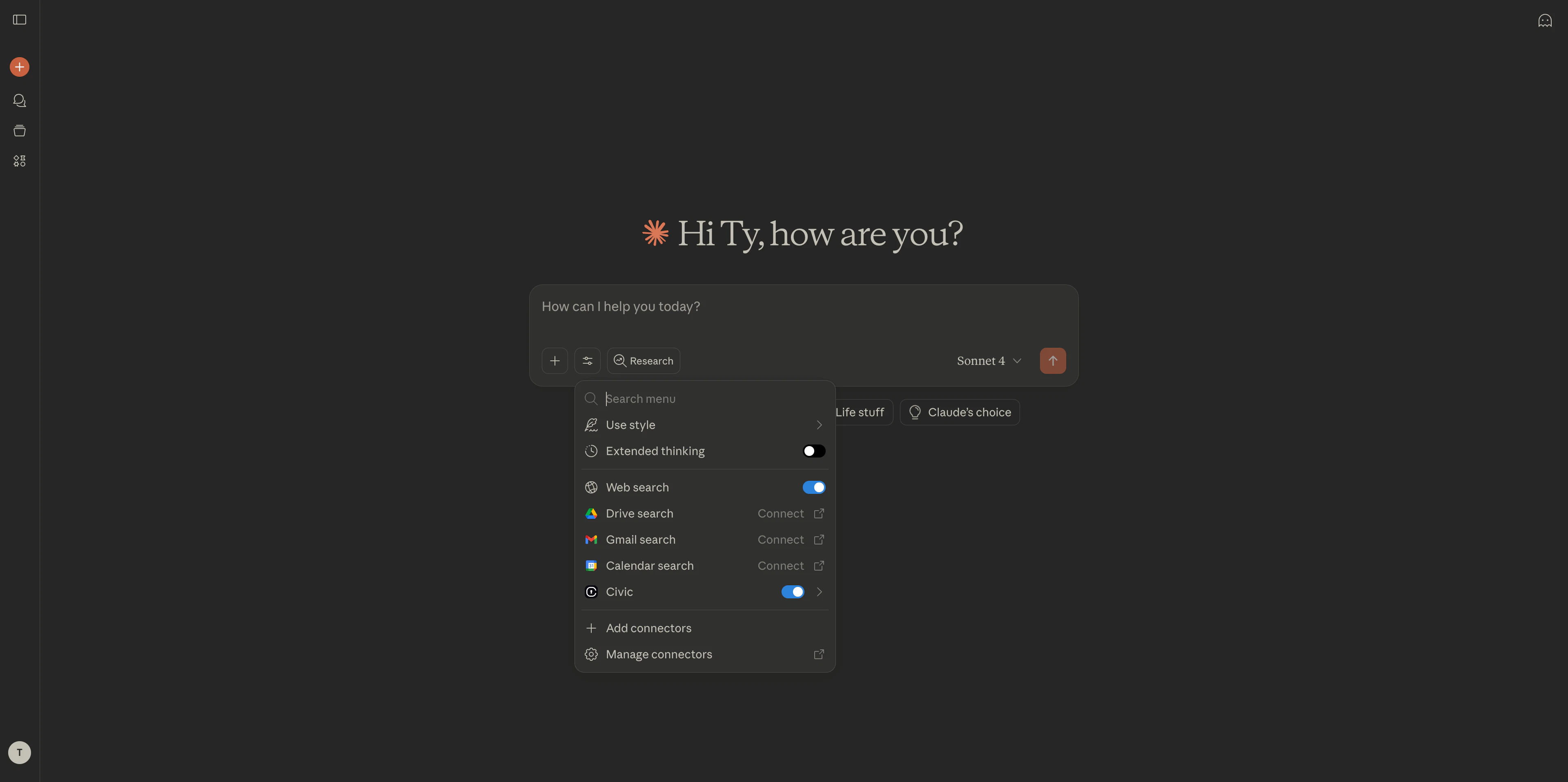 Claude.ai showing connected Civic connector