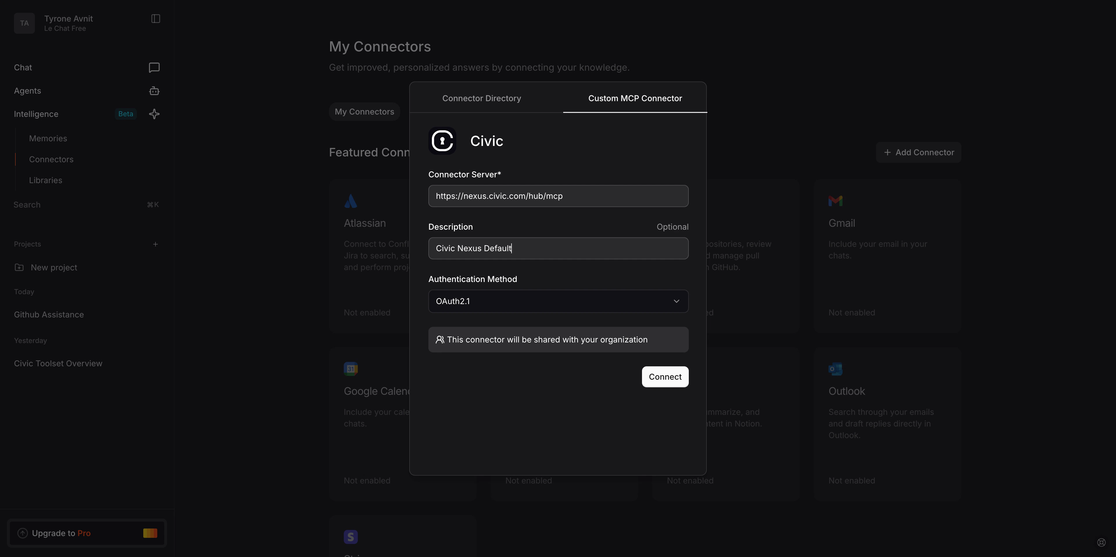 LeChat Custom MCP connector dialog
