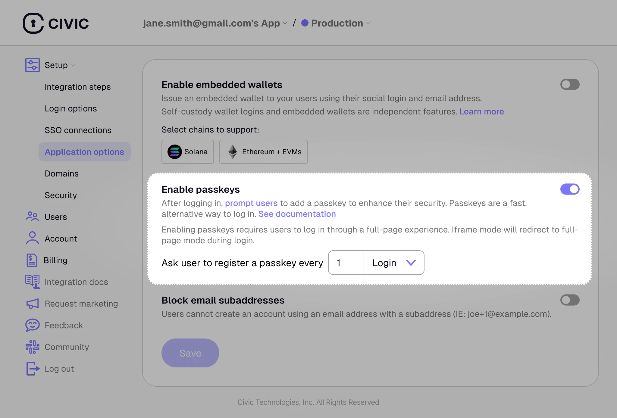 Passkey configuration options in the Civic Auth Dashboard Enable passkeys in dashboard